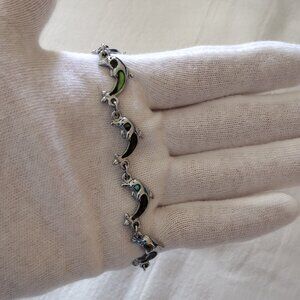 Silver Tone and Emerald Green Dolphins Bracelet